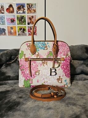 Dooney & Bourke Pink Floral Satchel with Tan Handles